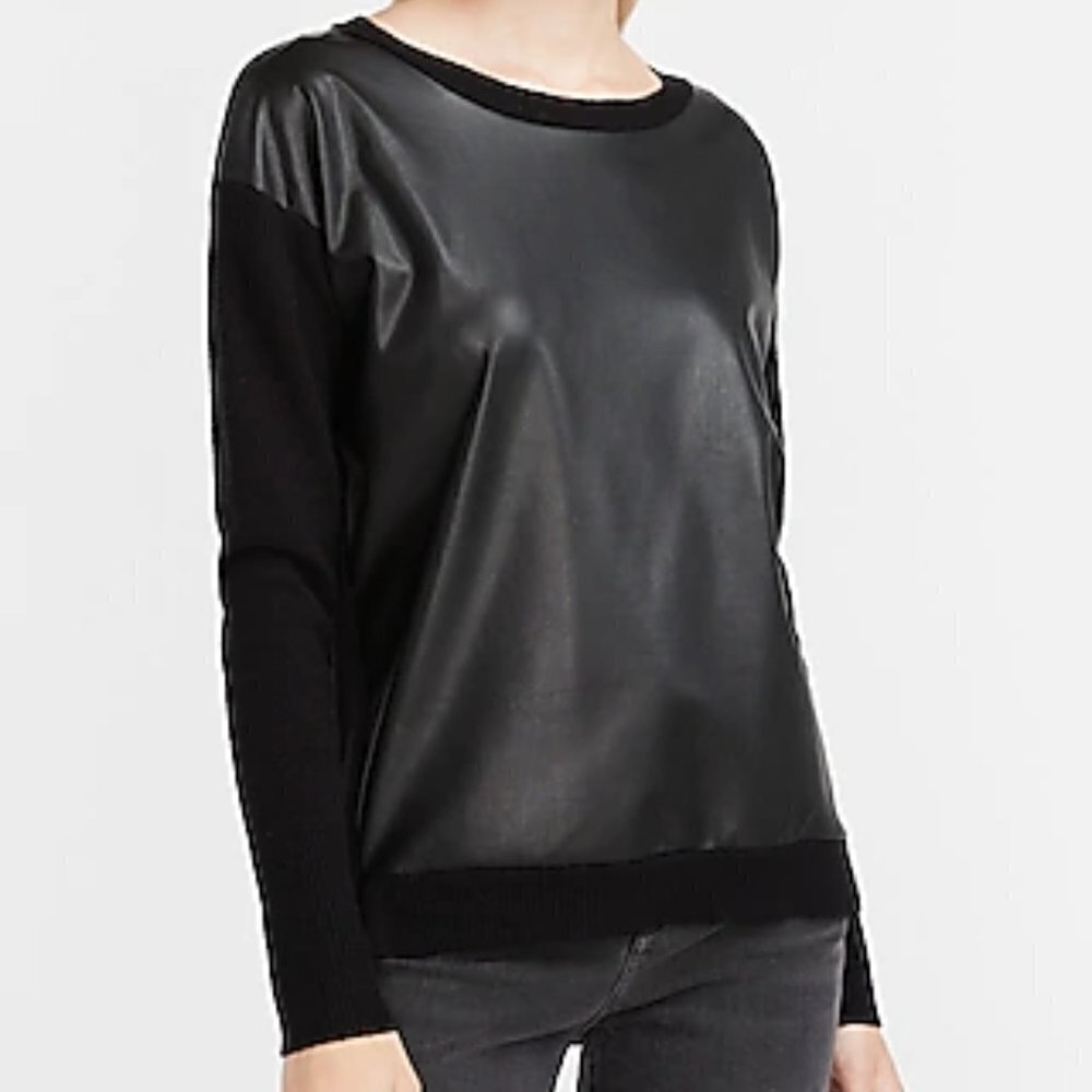 Pitch Black Faux Leather Pieced High Slit Crew Neck Sweater